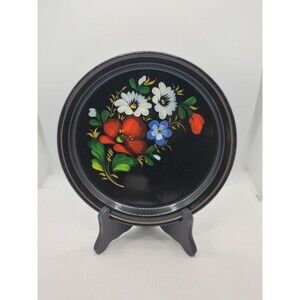 USSR/Russian Black Tole Ware Metal Tray Floral Hand Painted 7” Vintage